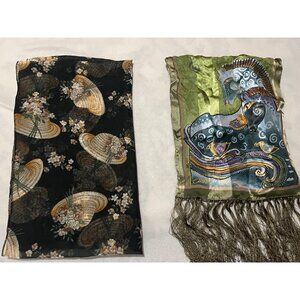 Korean Polyester Scarves Set of 2 Floral & Horse Design With Tassels Vintage